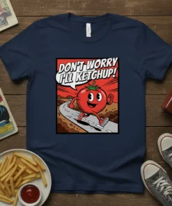 Don't Worry I'll Ketchup! text with a running cartoon tomato graphic on a navy t-shirt