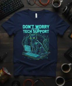 Don't Worry I'm From Tech Support quote with cybernetic cat and keyboard graphic on a navy blue t-shirt