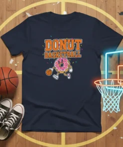 Donut Basketball T-Shirt featuring a cartoon donut dribbling a basketball, with "Donut Basketball" text above