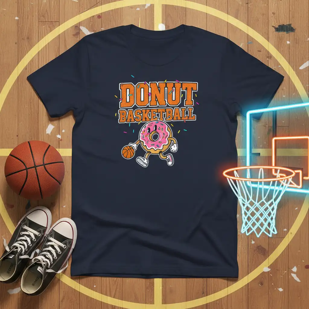 Donut Basketball design with a cartoon donut character dribbling a basketball and text above