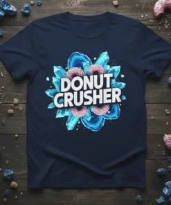 Donut Crusher text with pink donuts and blue crystals graphic on a navy t-shirt