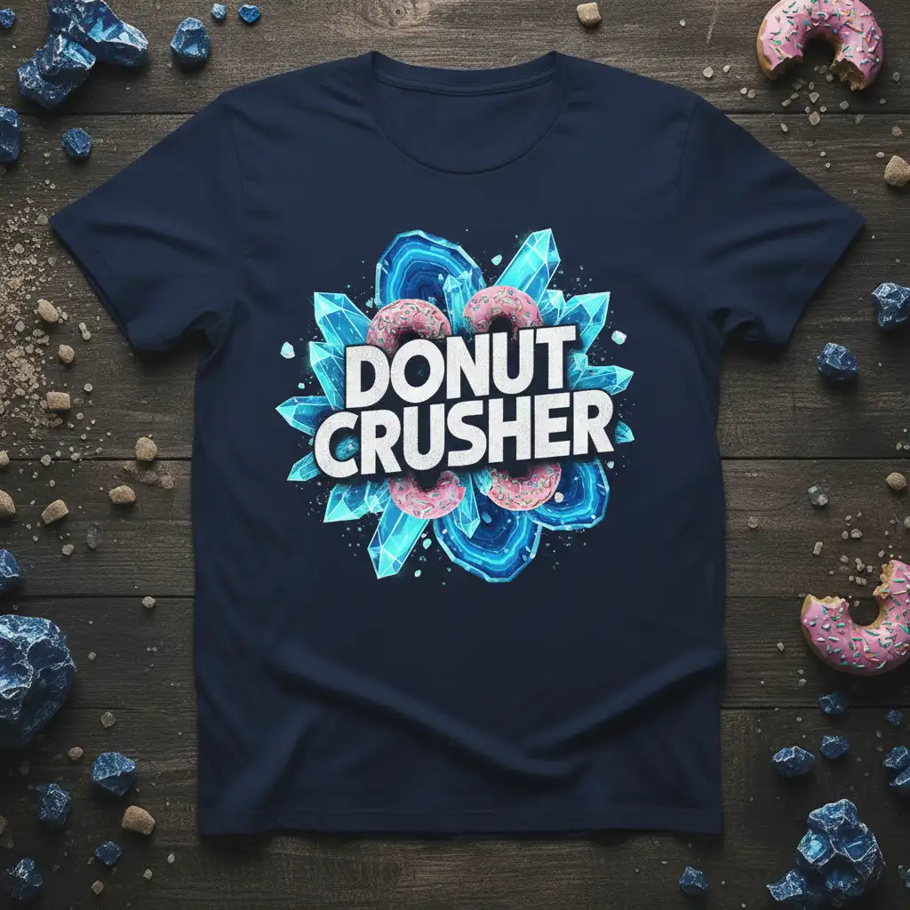 Donut Crusher text with pink donuts and blue crystal graphics on a t-shirt