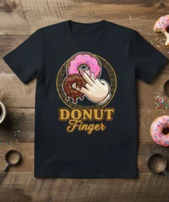 Donut Finger text design with a hand holding two donuts, pink and chocolate frosted, on a black t-shirt