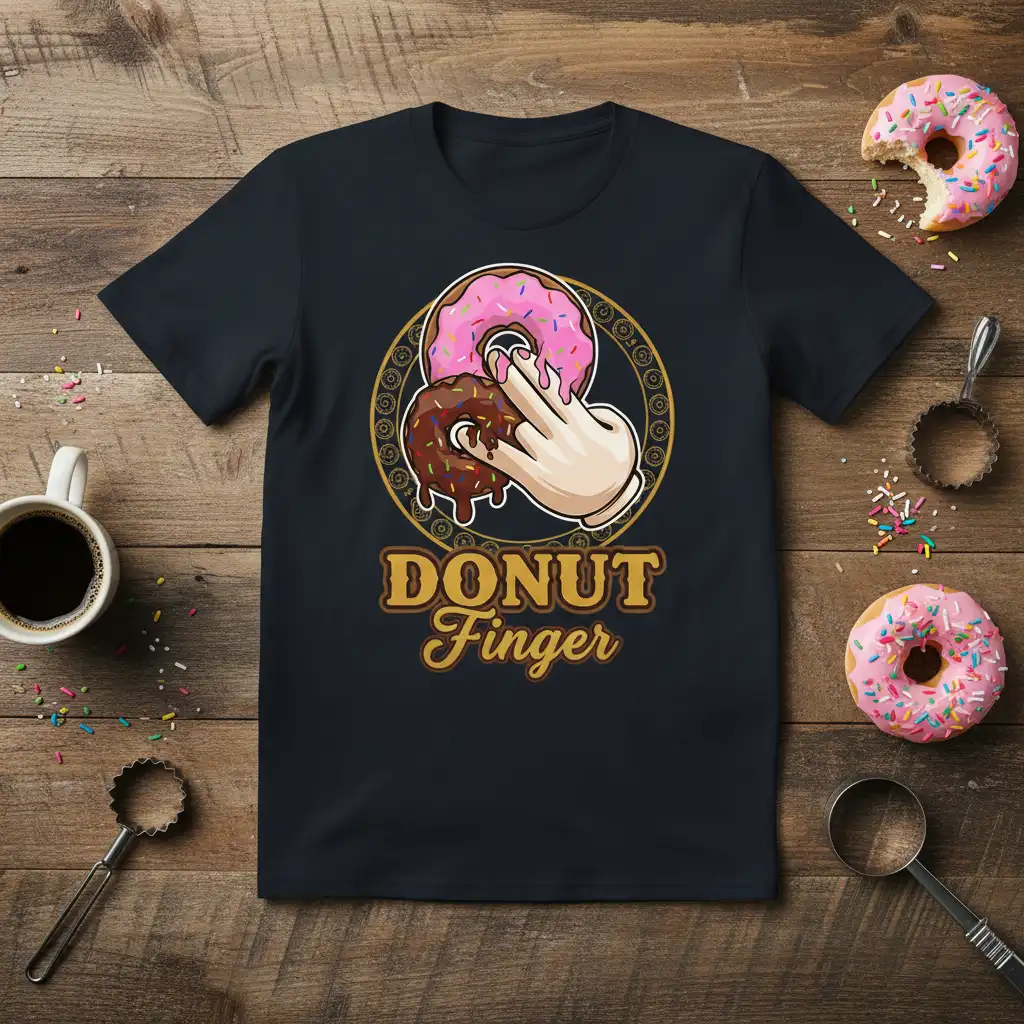 DONUT Finger humorous quote design featuring a hand holding donuts on a black t-shirt graphic