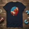 Donut football design with dripping red, white, and blue icing and sprinkles on a navy t-shirt