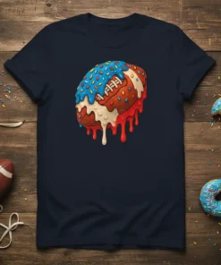 Donut football design with dripping red, white, and blue icing and sprinkles on a navy t-shirt