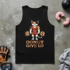 Muscular cat lifting donut weights with "Donut Give Up" text on a black tank top