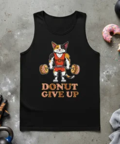 Muscular cat lifting donut weights with "Donut Give Up" text on a black tank top