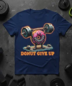 Donut Give Up gym motivation t-shirt design featuring a cartoon donut lifting weights