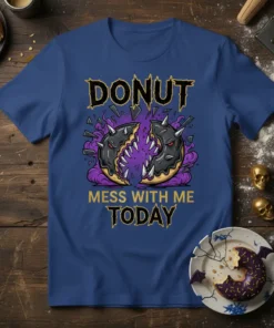 Donut Mess With Me Today text with a fierce monster donut graphic on a blue t-shirt