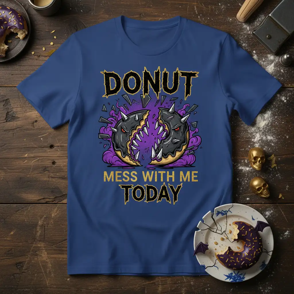 DONUT MESS WITH ME TODAY quote on a t-shirt with a scary monster donut graphic
