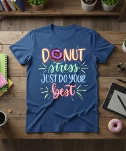 Blue t-shirt with "DONUT stress JUST DO YOUR best" quote and a donut graphic
