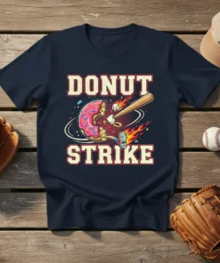 Donut Strike baseball design with a donut batting a baseball, text 'DONUT STRIKE' in vintage font