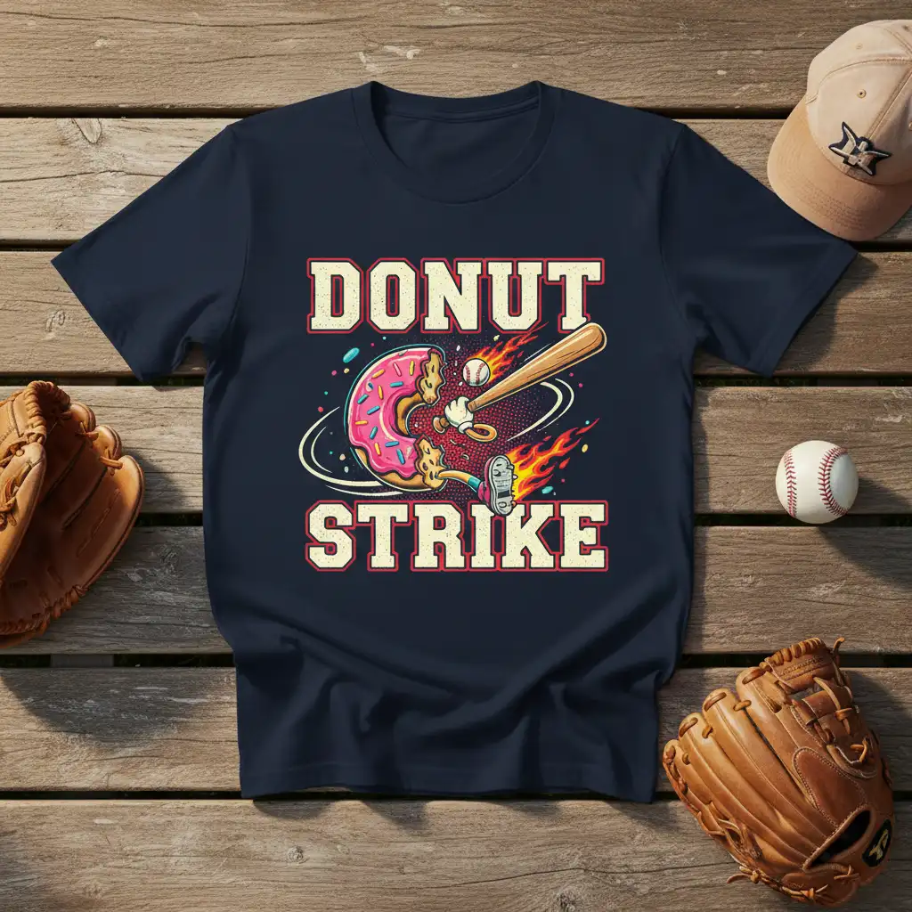 Funny Donut Strike baseball pun design with a donut player and flaming bat