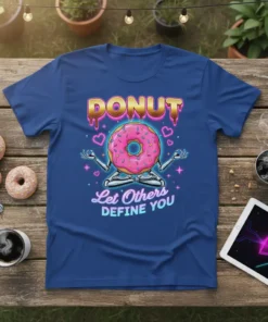 Donut yoga pose t-shirt with the quote "Let Others DEFINE YOU" in neon colors and skeleton arms