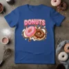 Blue t-shirt with the word "DONUTS" in pink lettering above two colorful donuts dripping with chocolate and frosting