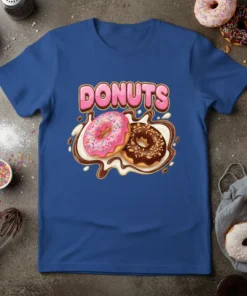 Blue t-shirt with the word "DONUTS" in pink lettering above two colorful donuts dripping with chocolate and frosting