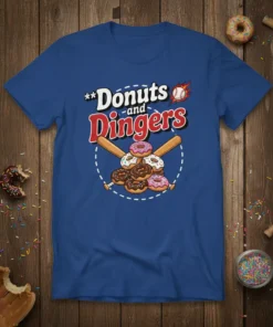 Donuts and Dingers baseball t-shirt design featuring donuts stacked on bats, with a baseball and fiery trail