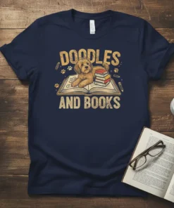 Doodles And Books t-shirt featuring a doodle dog laying on an open book with stacked books beside it