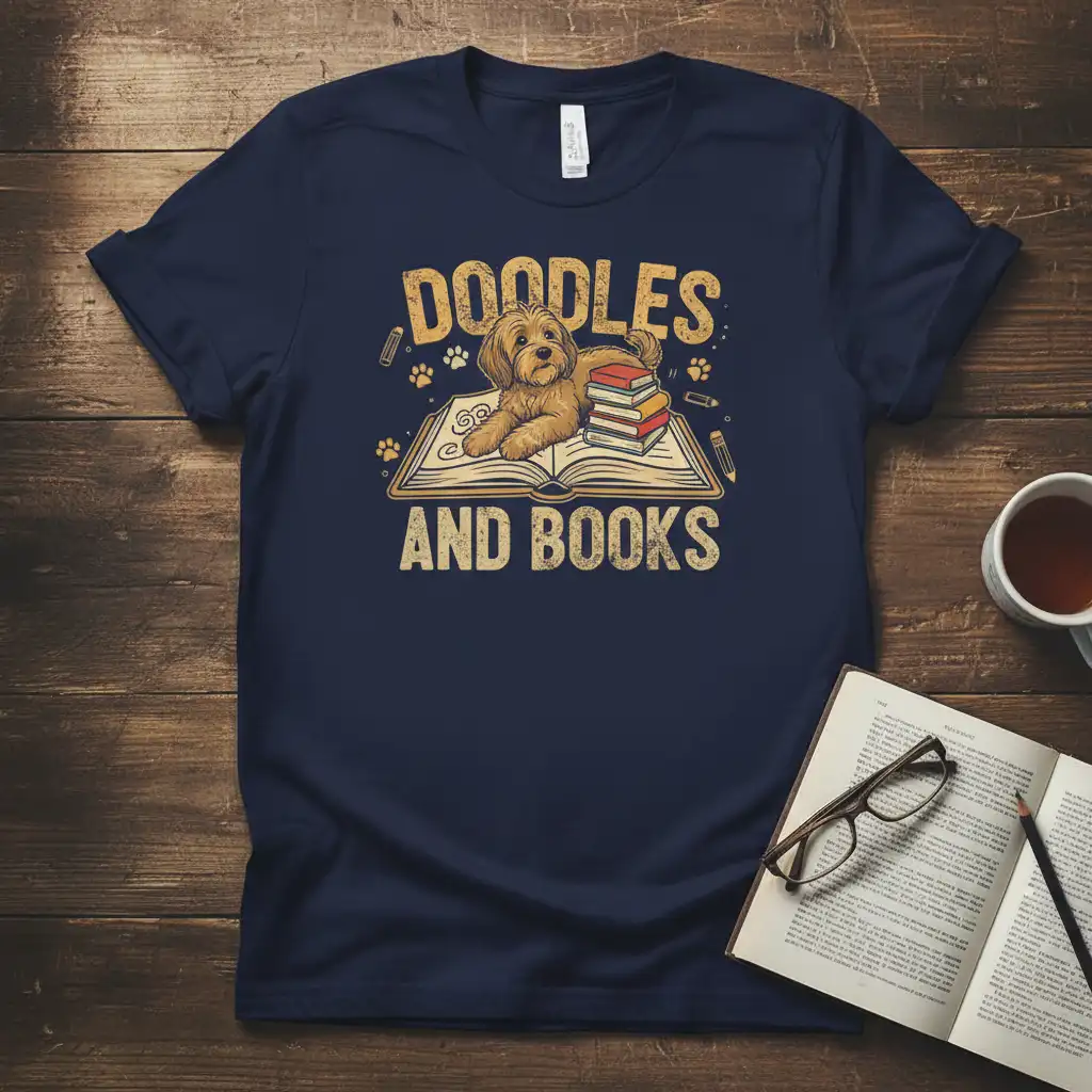 Doodles And Books quote with a cute doodle dog on an open book graphic, perfect for reading enthusiasts