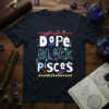 Dope Black Pisces text design with colorful geometric accents on a navy t-shirt