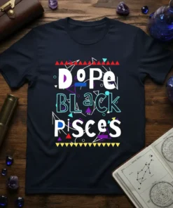Dope Black Pisces text design with colorful geometric accents on a navy t-shirt