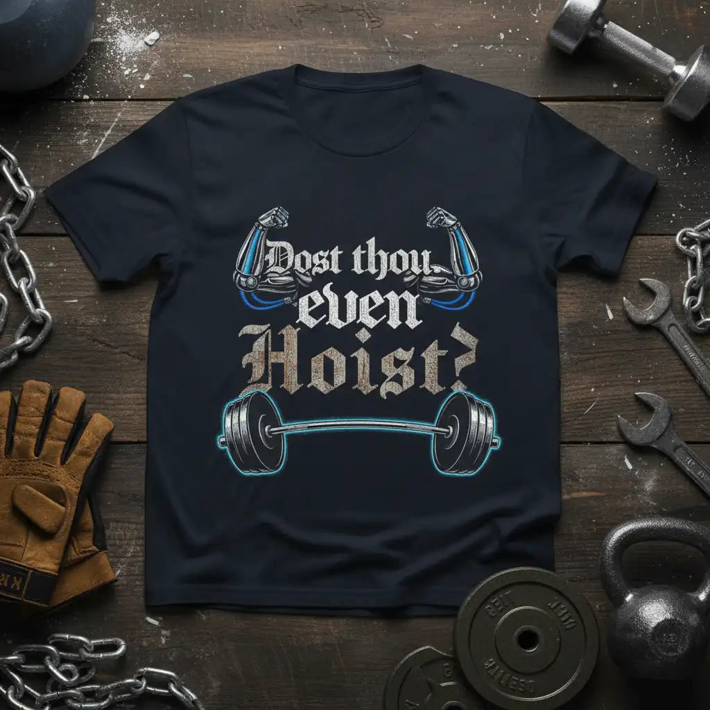 Dost thou even Hoist? quote with flexed arms and barbell graphic on a black t-shirt