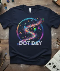 Navy t-shirt with "Dot Day" text and a swirling rainbow graphic filled with colorful dots and bubbles