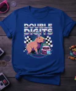 Double Digits 10th birthday t-shirt with a capybara, birthday cake, and retro gaming graphics