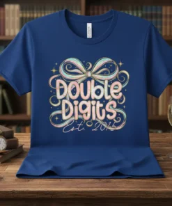 Double Digits Est. 2015 birthday t-shirt with pastel bow graphic and glitter accents