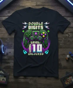 Double Digits Level 10 Unlocked gamer t-shirt with a video game controller graphic and bold text