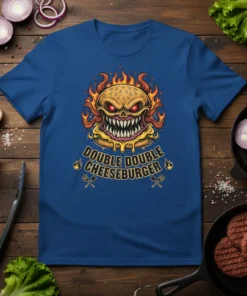 Double Double Cheeseburger graphic tee with a fiery, monstrous burger design and crossed spatulas