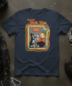 T-shirt graphic of a cat and boy giving each other a Double High Five Fuck Yeah