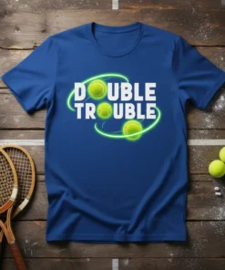 Double Trouble text with tennis balls and green swirl graphic on a royal blue t-shirt