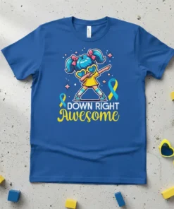 Down Right Awesome t-shirt design featuring a girl dabbing with blue and yellow Down Syndrome awareness ribbons