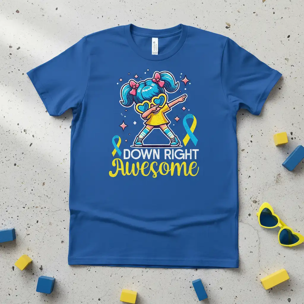 Down Right Awesome t-shirt graphic with a dabbing girl and awareness ribbons for Down Syndrome support