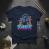 Downbeat text with a silhouette drummer playing drums, neon colors, dark navy t-shirt, urban graffiti style