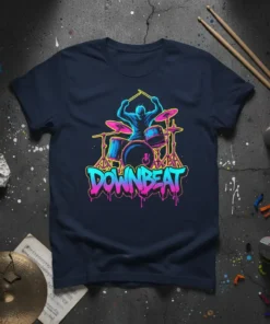 Downbeat text with a silhouette drummer playing drums, neon colors, dark navy t-shirt, urban graffiti style