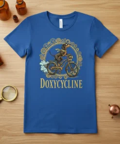 Doxycycline text with a dachshund riding a bicycle and steampunk gears, on a royal blue t-shirt
