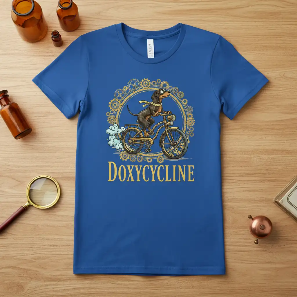 Doxycycline text with a dachshund cycling through steampunk gears, representing medicine humor
