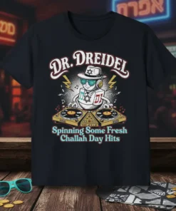 Dr. Dreidel Spinning Some Fresh Challah Day Hits T-Shirt design featuring a dreidel DJ spinning records