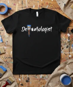Dr. Wallologist t-shirt with white text and a paintbrush graphic, ideal for painters and decorators