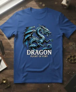 DRAGON FLIGHT OF FURY text on a blue t-shirt with a detailed blue and black dragon graphic