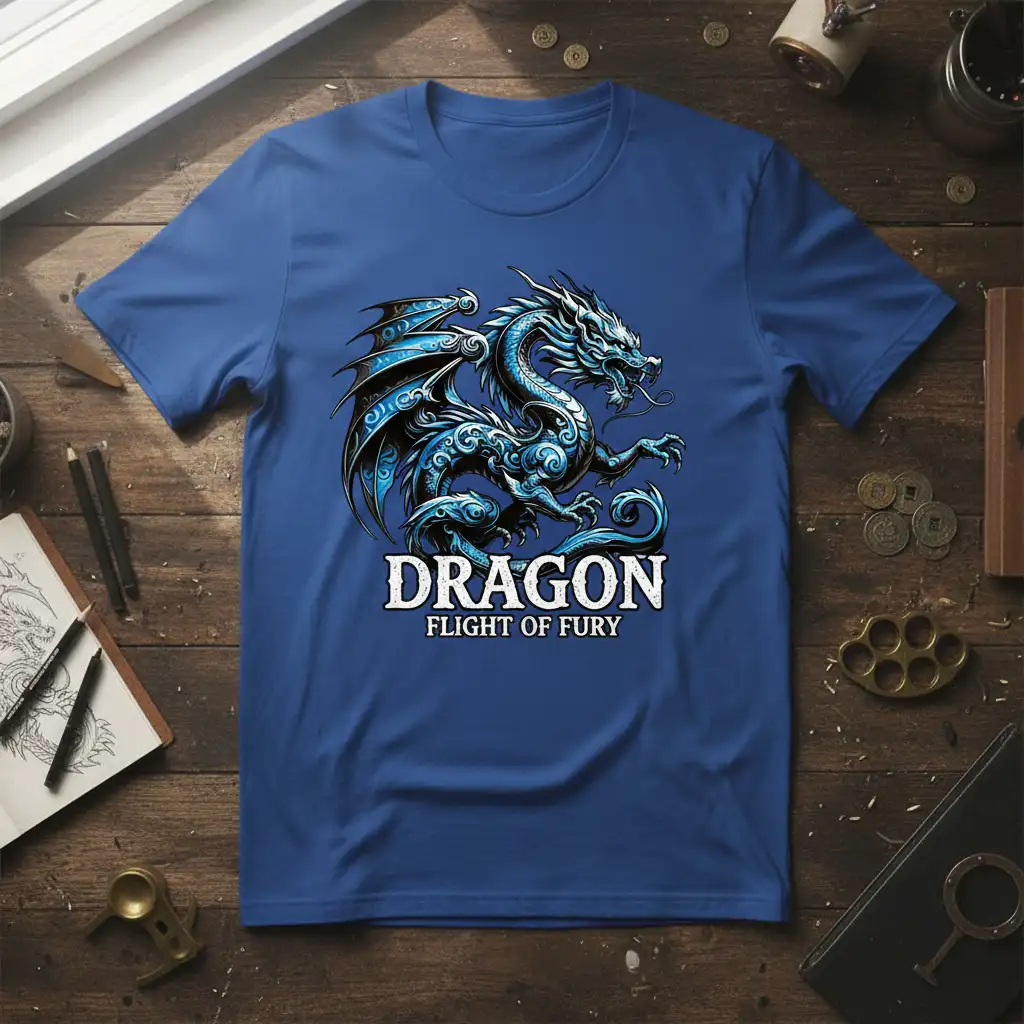 Detailed blue and black dragon graphic with DRAGON FLIGHT OF FURY text on a royal blue t-shirt
