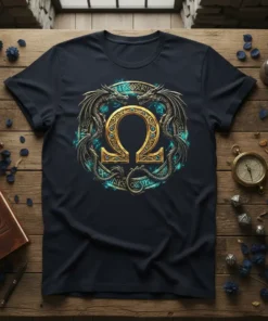 Dragon Omega Symbol T-Shirt with detailed dragons encircling a golden Omega symbol, set against a dark background