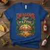 Dragons Love Tacos t-shirt design with green dragons holding tacos, set against a desert volcano background