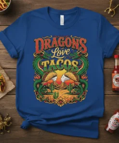 Dragons Love Tacos t-shirt design with green dragons holding tacos, set against a desert volcano background