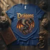 T-shirt design featuring the word "Dragons" in ornate gold lettering above a detailed black dragon with fiery orange wings