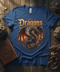 T-shirt design featuring the word "Dragons" in ornate gold lettering above a detailed black dragon with fiery orange wings