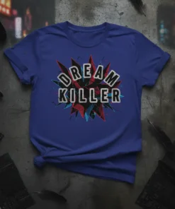 Dream Killer text design with sharp, fragmented geometric graphic and distressed texture on a royal blue t-shirt